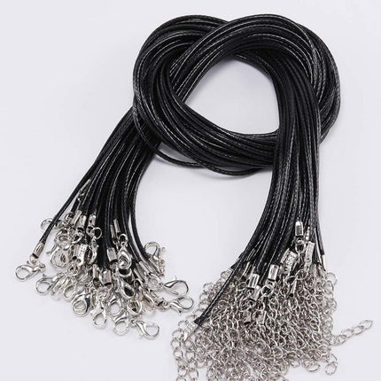 Adjustable Leather Cord Necklace - Black, 60cm, 2.0mm Rhodium Clasp