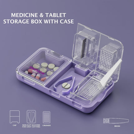 Portable Pill Cutter Organiser Box For Small Tablet Pill Crusher Case Holder 3 in 1 Multi-Functional Medicine Travel Pill Splitter Organizer Box with Case Cleaning Brush, Easy to Clean