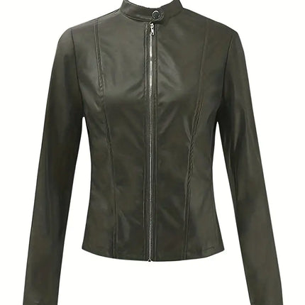 Women's Faux Biker Leather Jacket: Zip-Up Jacket with Collar- Street Style Jacket