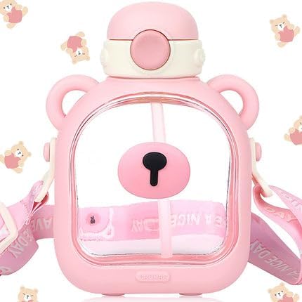 Maxbell Bear Shaped Cute Water Bottle for Kids with Straw, Sipper, Leakproof BPA Free with Lock and Strap| Glass Kids Water Bottle for School Kids | Small Water Bottle for Girls- 700ml Pink Bottle