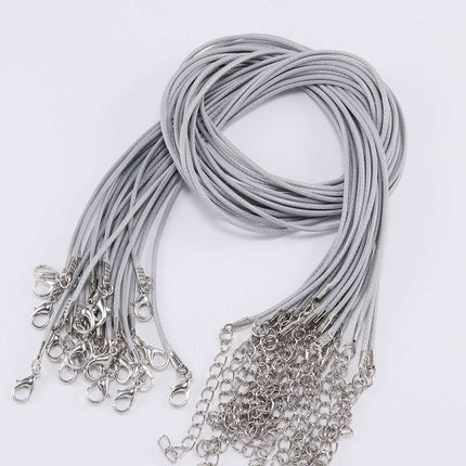 Adjustable Leather Cord Necklace - Gray, 45cm, 2.0mm Rhodium Clasp