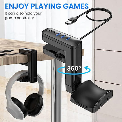 Adjustable 3USB Hub Headphone Stand with 360° Rotating Arm Under Desk Hanger