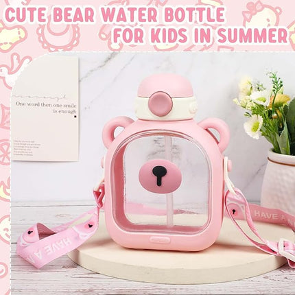 Maxbell Bear Shaped Cute Water Bottle for Kids with Straw, Sipper, Leakproof BPA Free with Lock and Strap| Glass Kids Water Bottle for School Kids | Small Water Bottle for Girls- 700ml Pink Bottle