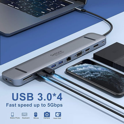 12-in-1 Multiport USB Charger: USB Type-C Docking Station with Dual 4K HDTV, VGA, RJ45 Ethernet, and Card Reader for MacBook and Type-C Devices