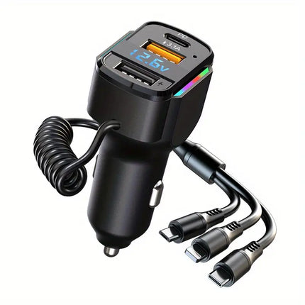 PD Fast Charging Car Charger with 3-in-1 Cable Multi-Pin Adapter