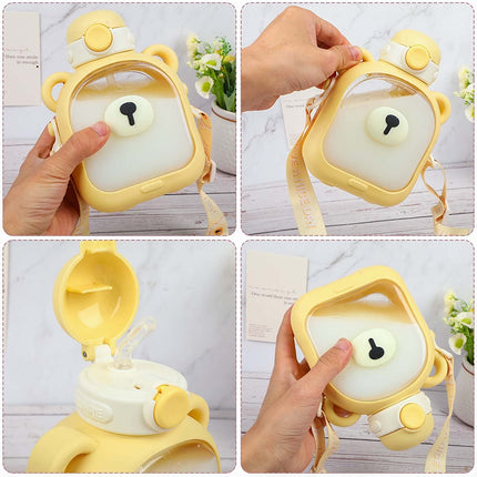 Teddy Bear Water Bottle for Kids: Leakproof Cartoon Water Bottle with Straw- Yellow