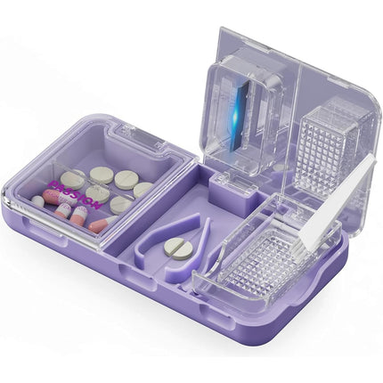 Portable Pill Cutter Organiser Box For Small Tablet Pill Crusher Case Holder 3 in 1 Multi-Functional Medicine Travel Pill Splitter Organizer Box with Case Cleaning Brush, Easy to Clean