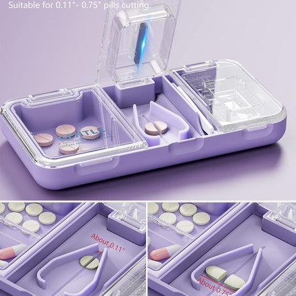 Portable Pill Cutter Organiser Box For Small Tablet Pill Crusher Case Holder 3 in 1 Multi-Functional Medicine Travel Pill Splitter Organizer Box with Case Cleaning Brush, Easy to Clean