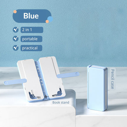 2-in-1 Foldable Book Reading Stand and Pencil Case for Students- Blue