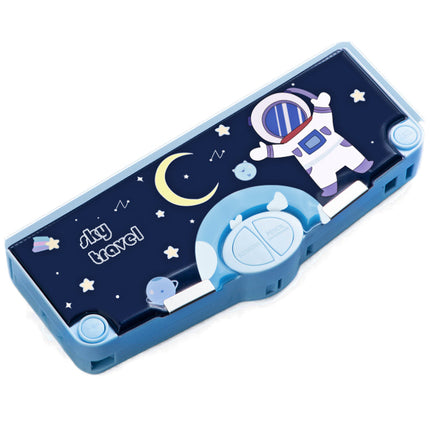 TULX Cute Pencil Box with Lock and Button: Multi-layer Space Blue Pencil Box for Boys